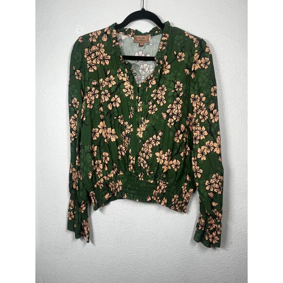 Kachel Anthropologie Ruffle Top Green Floral Smocked Waist Long Sleeve Sz 10 - Picture 1 of 5